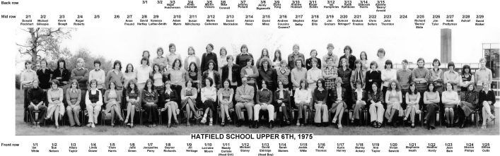 Hatfield School U6th Form 1975, updated 6/3/23, please help us complete the matching !