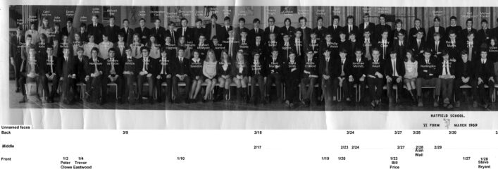 Hatfield School Sixth Form March 1969 v2f, LEFT half, partially name-matched | Paul Jiggens, Lorna Bain, David Kohn, Chris Hepden, et al